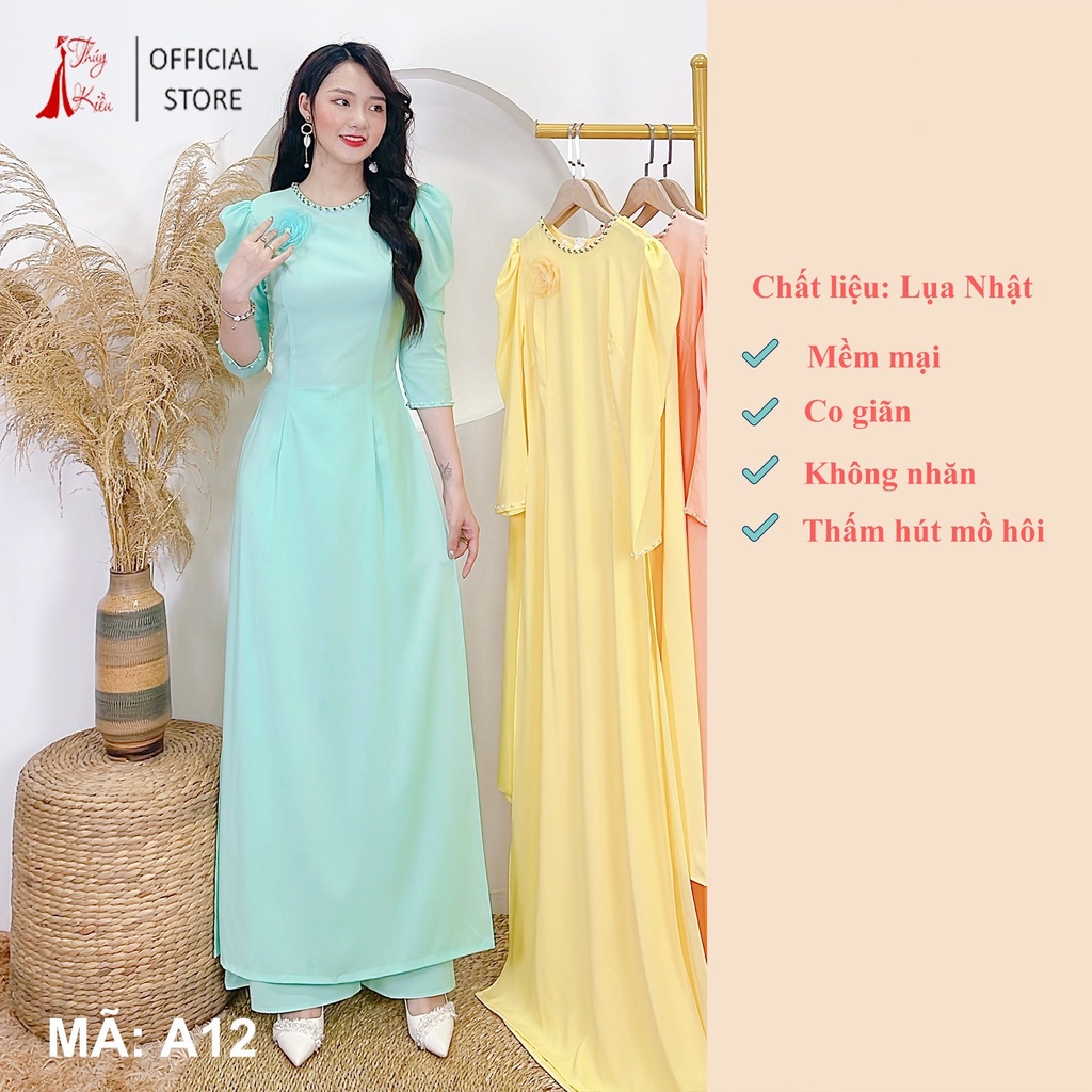 Áo dài lụa Nhật trơn tay bồng đính hoa voan màu xanh A12 mềm mại, co giãn, áo dài giá rẻ