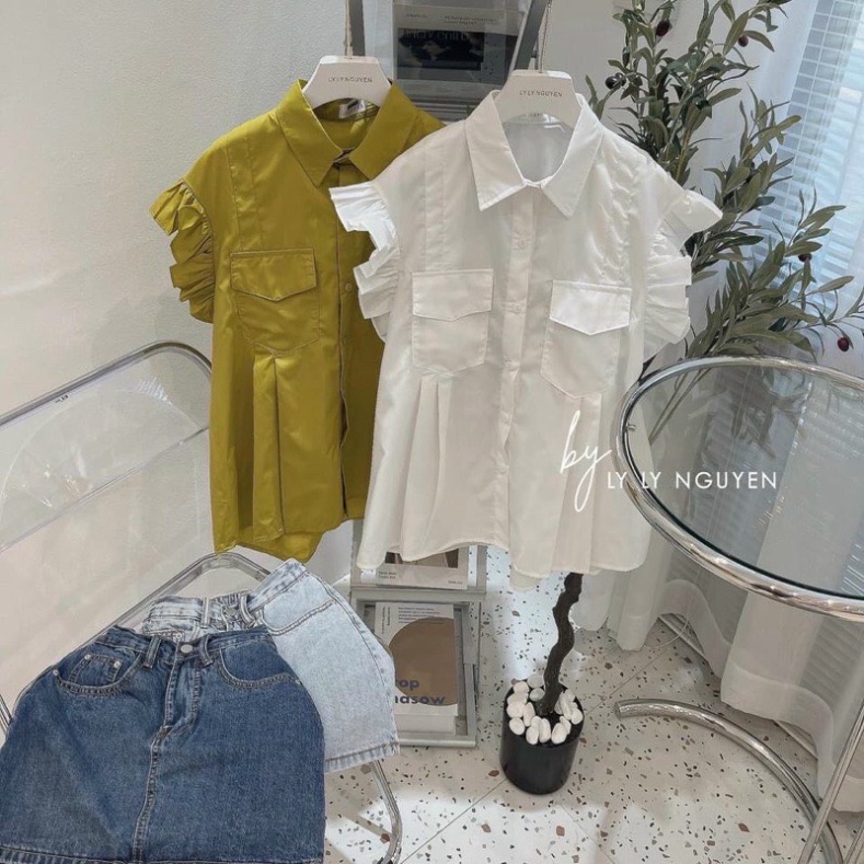 Áo sơ mi cộc tay bèo cánh tiên hotrend 2020 A606 Nội y xanh chất siêu mát, co dãn, mầu đen trắng