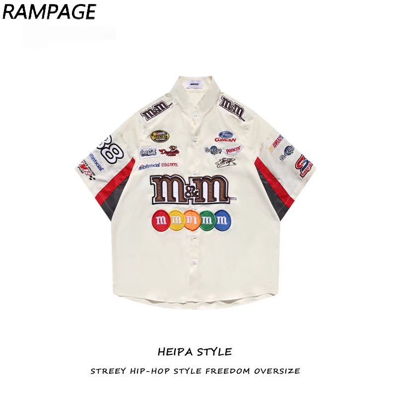 Áo Sơ Mi Nam Tay Ngắn Thêu Hình Đua Xe Phong Cách Âu Mỹ