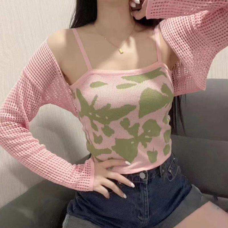 Set Áo Croptop Tay Dài In Họa Tiết Bươm Bướm + Áo Khoác Cardigan Thời Trang Cho Nữ