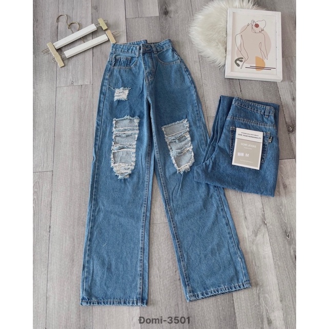 Quần bò ống rộng, jean nữ rách gối tua rua màu xanh đậm siêu cá tính hack dáng hàng cao cấp Lê Huy Fashion MS 3501