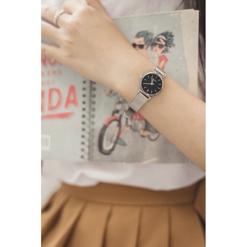 Đồng hồ nữ mặt nhỏ dây kim loại MONO bạc mặt đen đồng hồ nữ mặt tròn đẹp giá rẻ Watchesbytif size 22mm | BigBuy360 - bigbuy360.vn