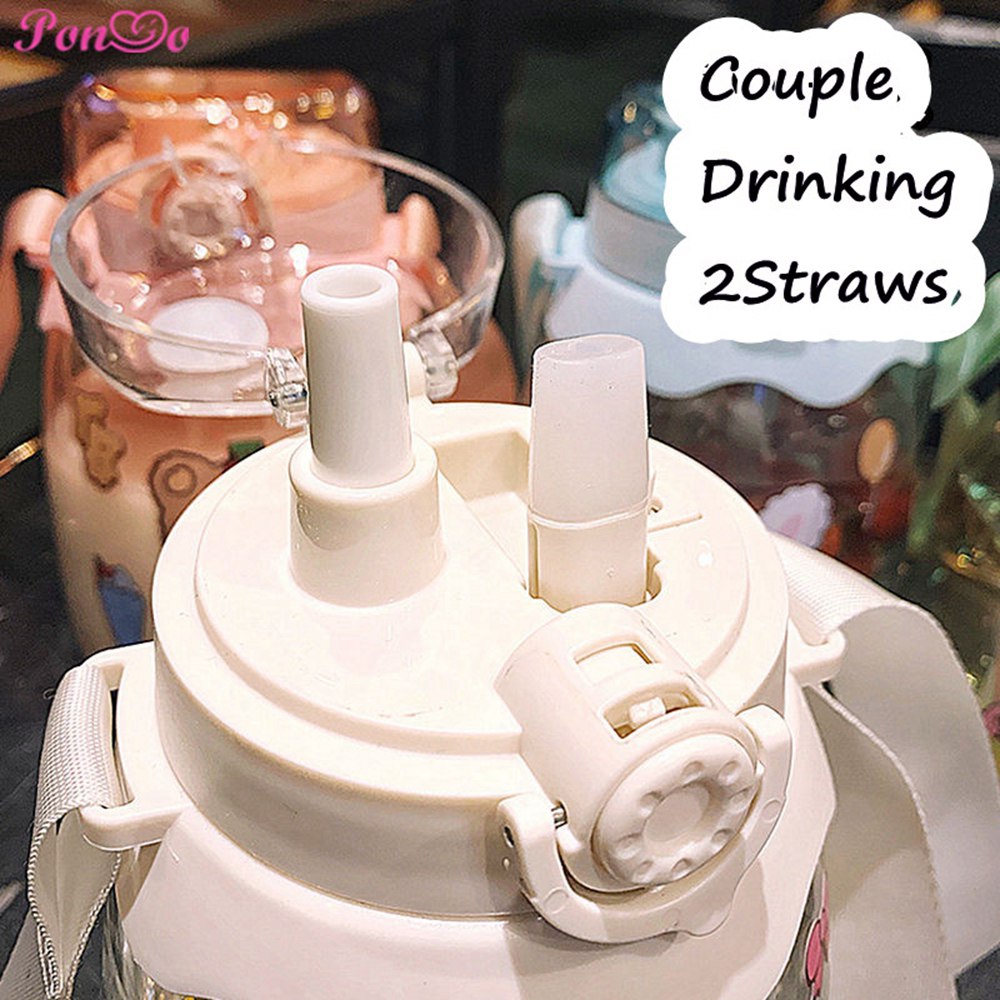 Bình Nước Hoạt Hình Dung Tích 1300ml Có Dây Đeo Tích Hợp Ống Hút Kèm Nhãn Dán Siêu Dễ Thương