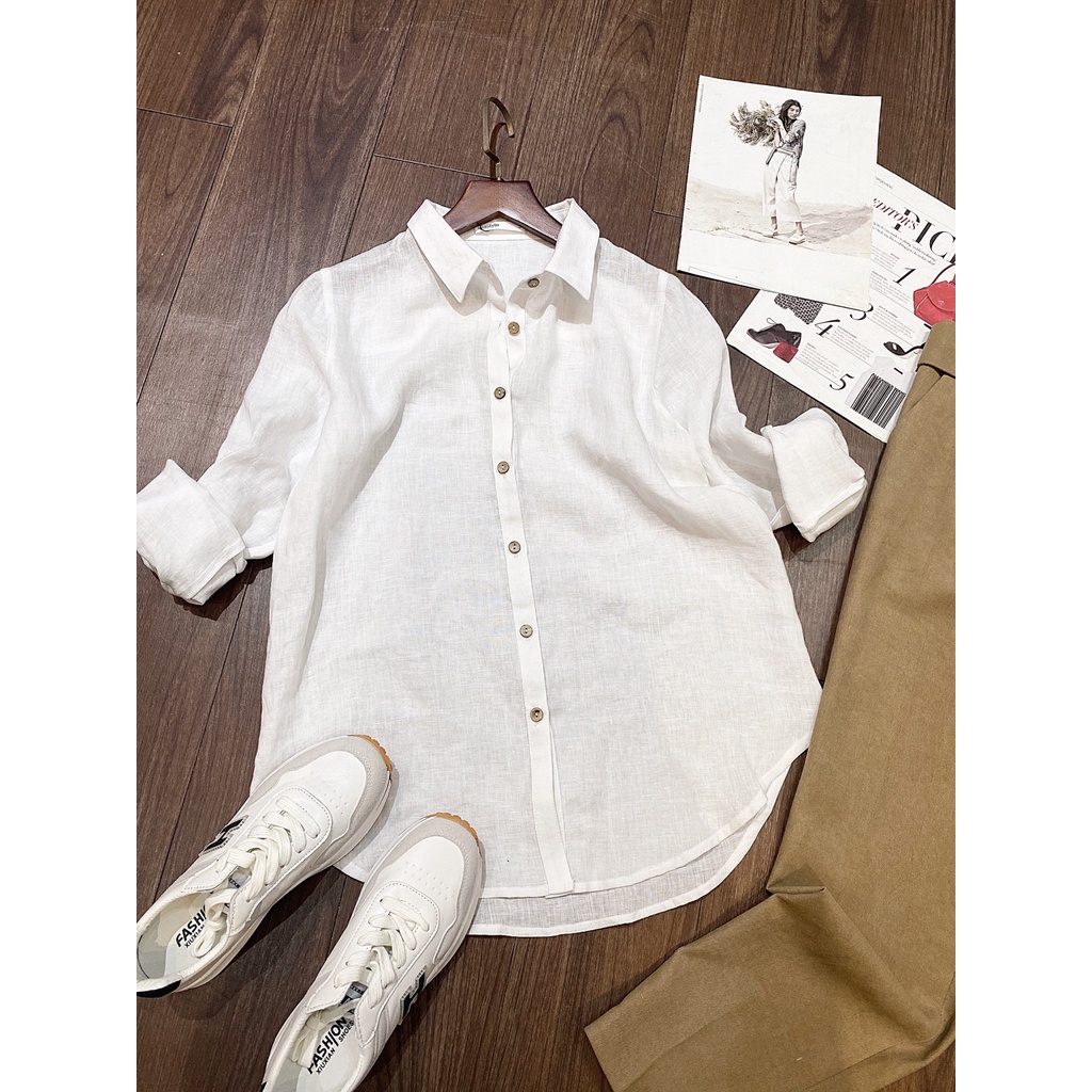 Áo sơ mi trắng linen cúc dừa thiết kế Lalastyle