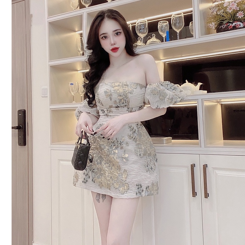 Váy Nữ Dự Tiệc Trễ Vai Tay Phồng Bo Eo, Đầm Dáng Xòe Công Chúa Đi Chơi, Vải Gấm Hoa, Màu Vàng Xám GA07-25