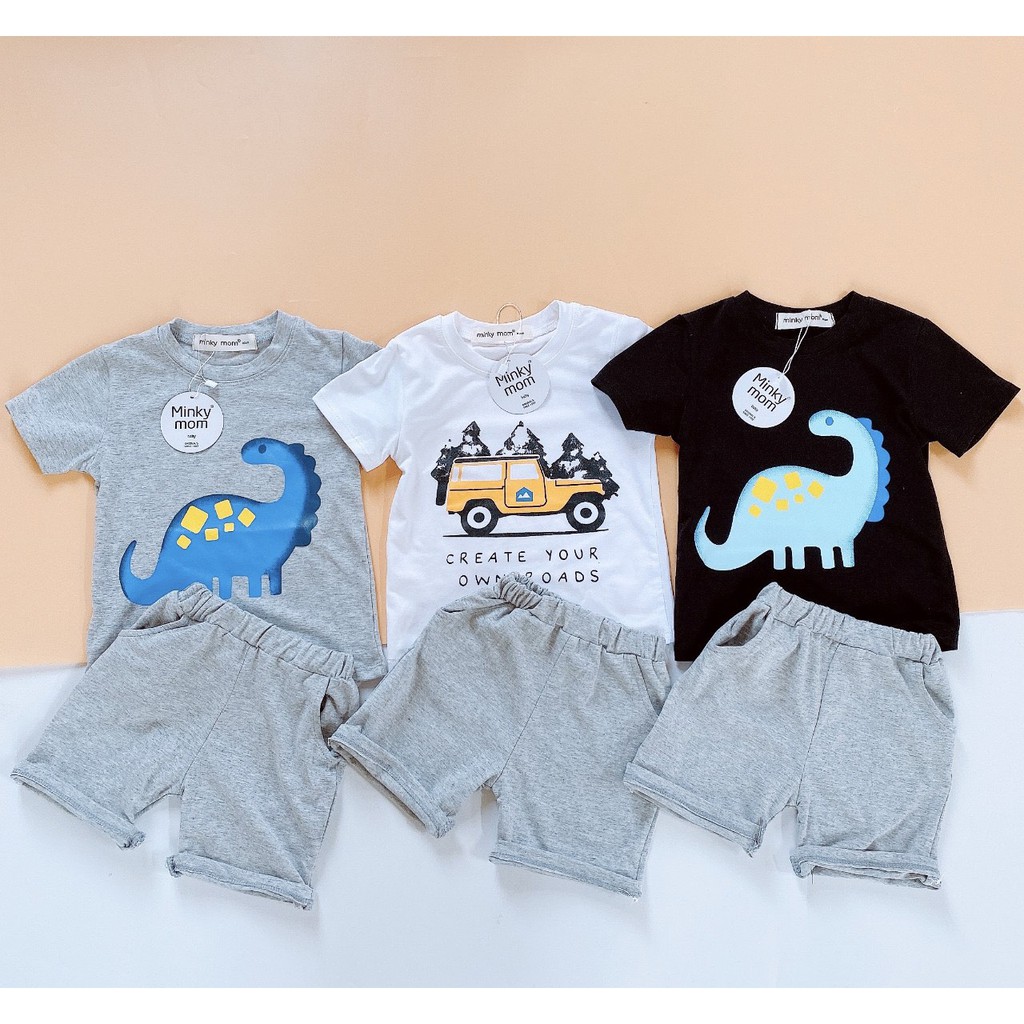 [SALE] Bộ Cộc Tay Cho Bé Trai Minky Mom Vải Cotton 100% In Hình Khủng Long Quần Cạp Có Túi, Đồ Bộ Cho Bé MKM2124