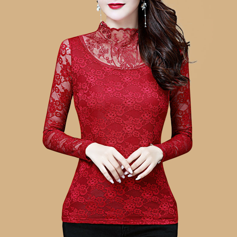 Thin / fleece bottom lace shirt Western style long-sleeved women's shirt Small shirt Spring and Autumn New temperament Big neck Large size Top T-shirt | BigBuy360 - bigbuy360.vn