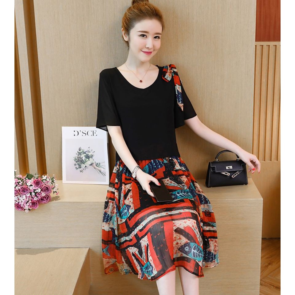 Đầm suông voan vai đính nơ trẻ trung Va20