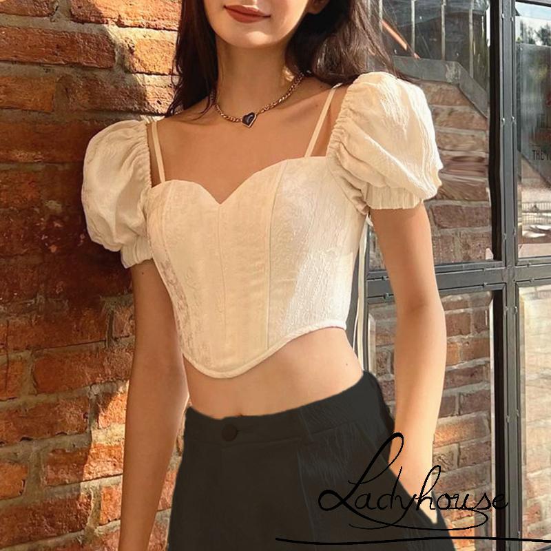 Áo Croptop Tay Phồng Ngắn Cổ Buộc Dây Thời Trang Cho Nữ