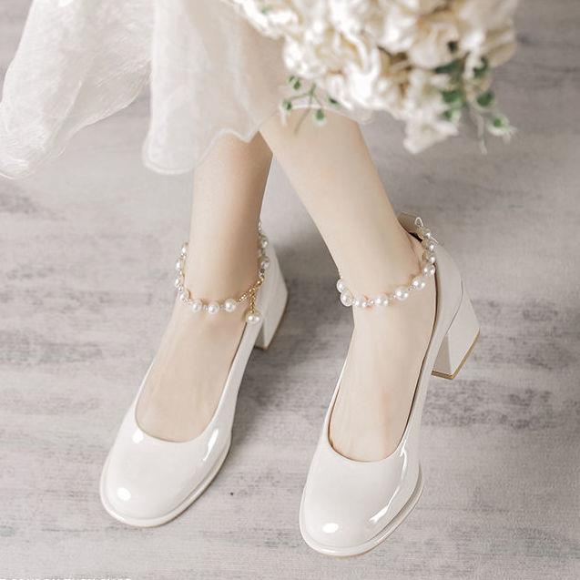 Giày Búp Bê Mũi Vuông Gót Vừa Dày Vừa Đính Ngọc Trai Phong Cách retro Pháp Thời Trang Mùa Xuân Hàng Mới Dành Cho Bạn Nữ