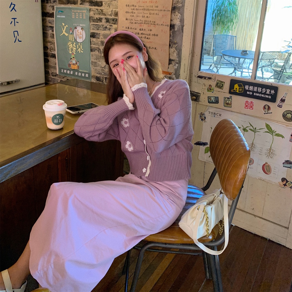 Áo khoác cardigan Pure Cube dệt kim tay dài thêu hoa dễ thương xinh xắn cho nữ