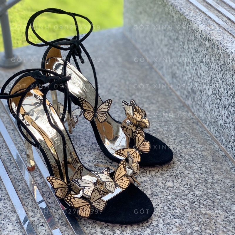 Sandal cao gót đính bướm cột dây
