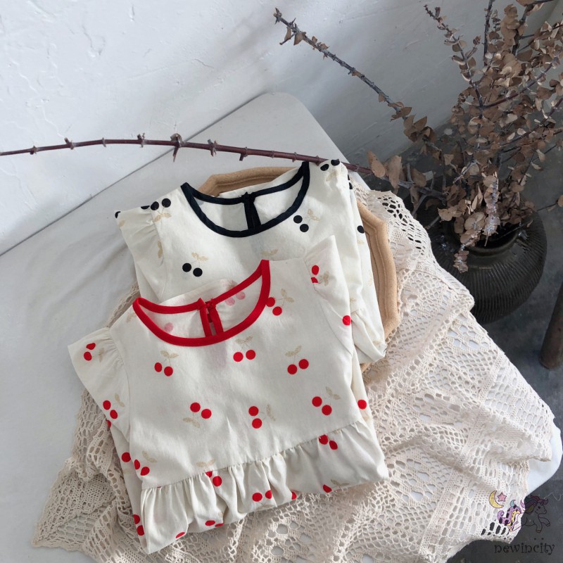 Korean Kids Girls Fashion Sweet Style Cherry Print Lantern Sleeve Design Dress