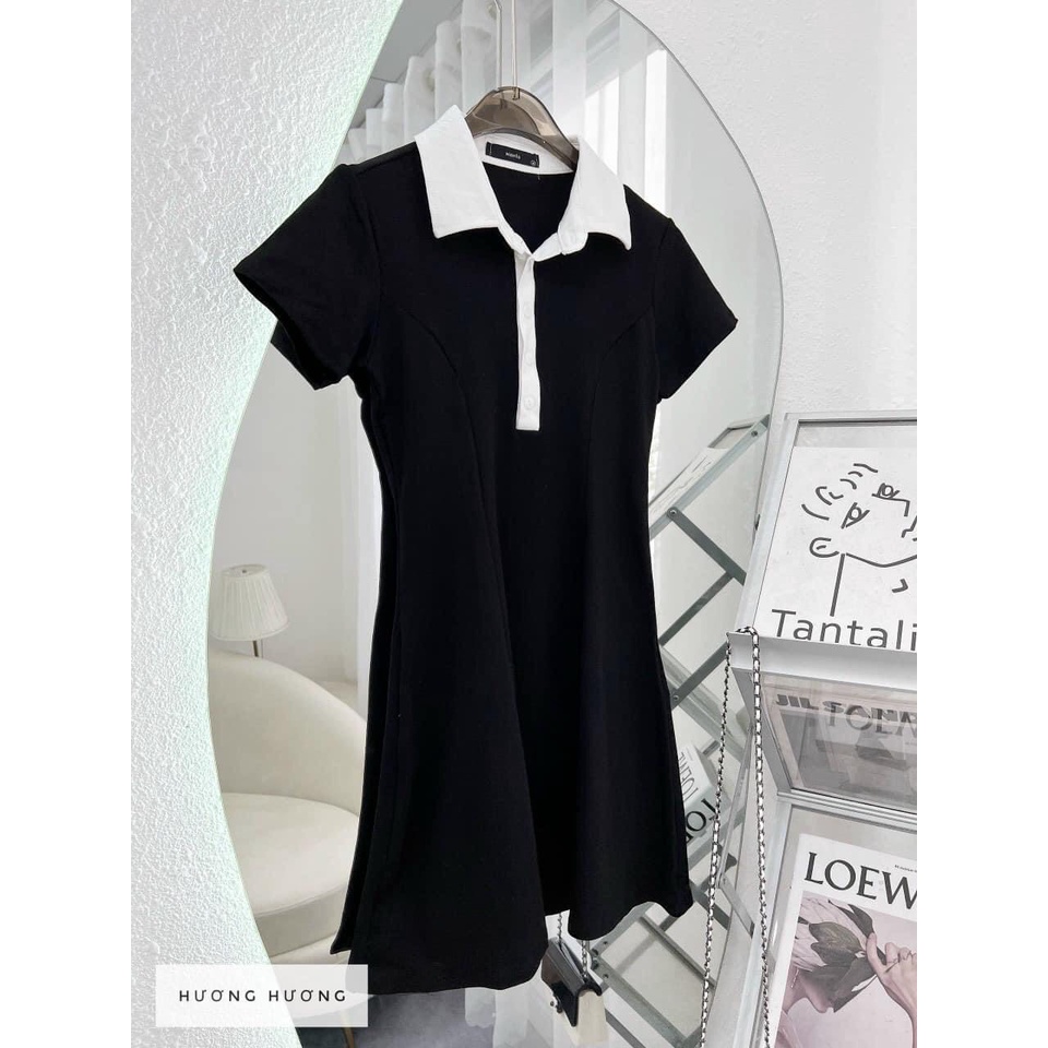 Váy thun polo cổ đức bẻ viền trắng body dáng ôm - Đầm nữ thun tăm cộc tay phong cách retro hàn quốc đẹp ulzzang - ZADOLA