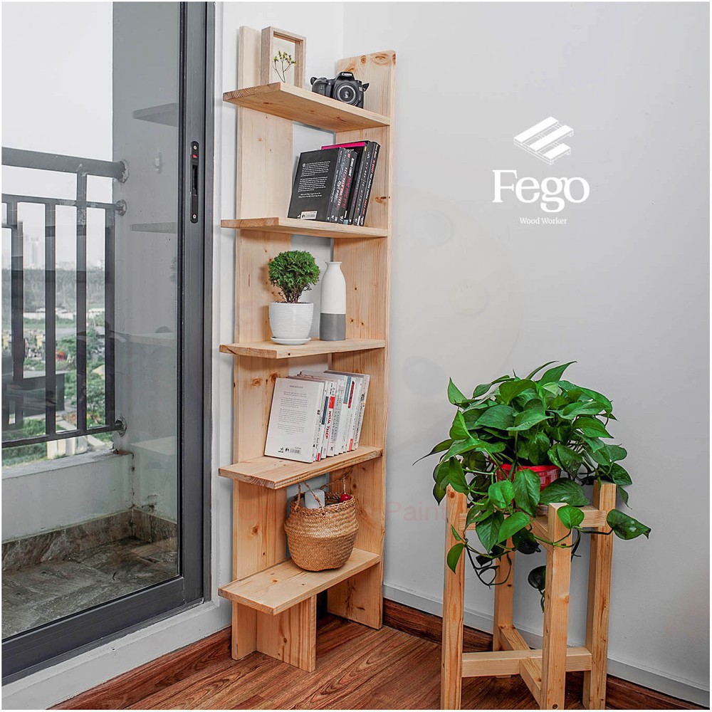 Kệ sách gỗ 5 tầng vân gỗ# kệ góc tường | BigBuy360 - bigbuy360.vn
