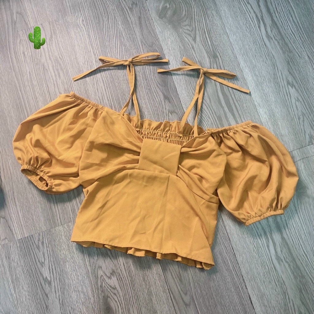 Áo kiểu nữ nơ to 2 dây cột tay bồng hở vai croptop nhẹ nhàng nữ tính PC