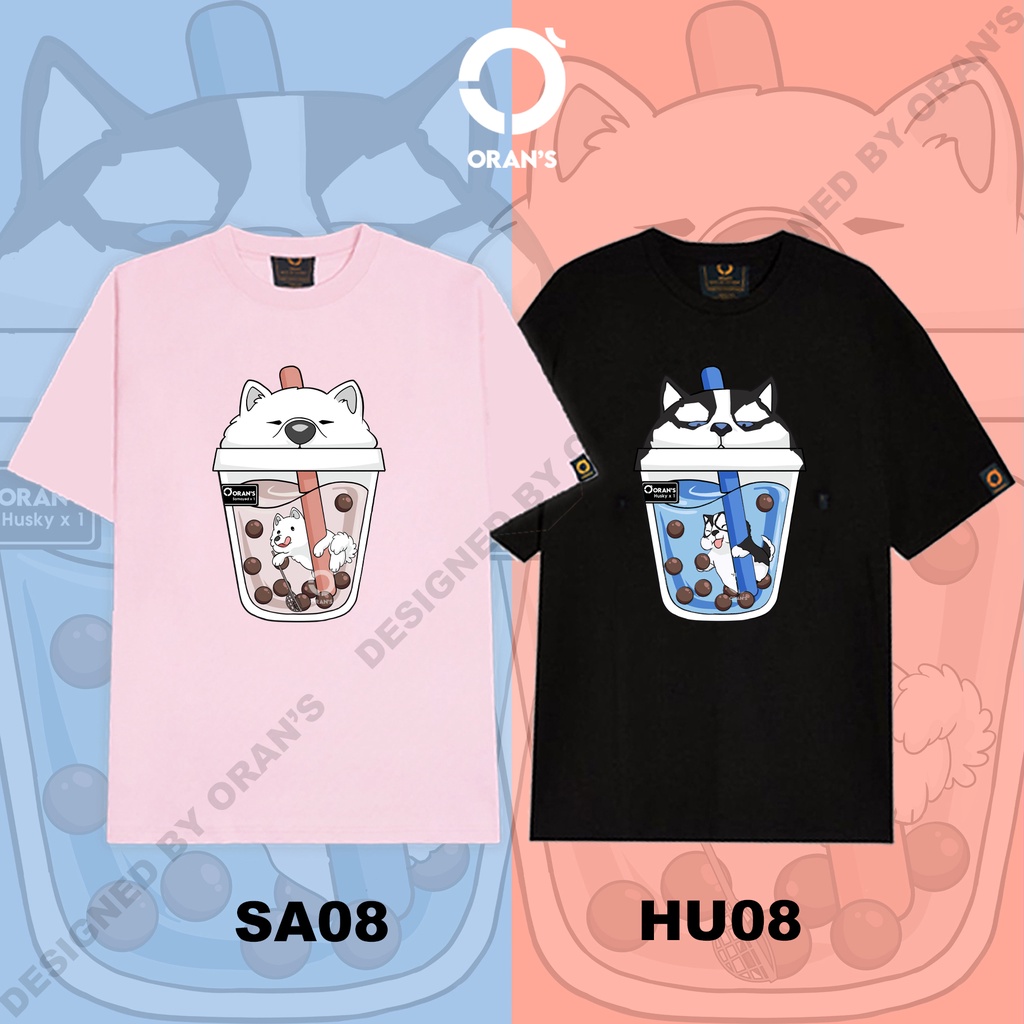 Áo thun Couple Tee trà sữa chó mèo nam nữ tay lỡ Oversize chất COTTON 4C, FULLBOX - ORAN'S TEE - Chó Husky và Samoyed