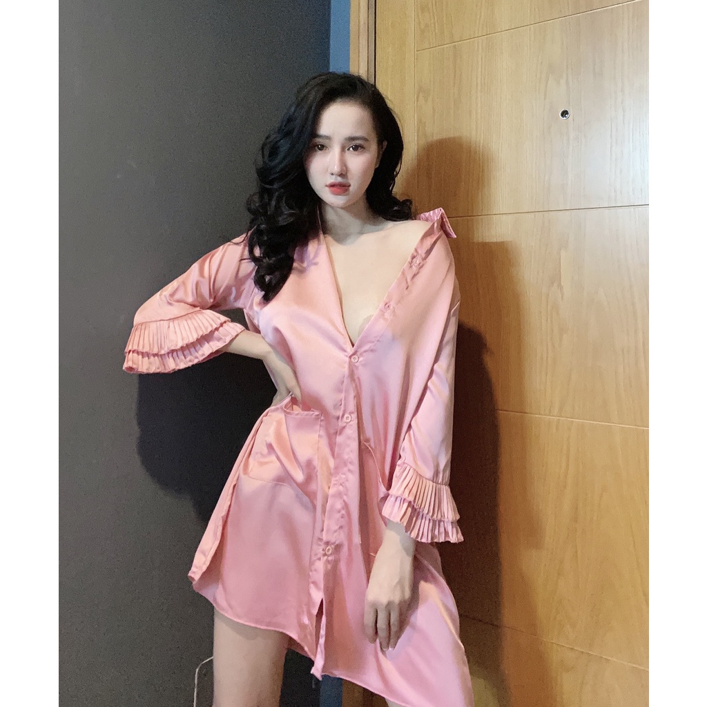 Đầm ngủ sơ mi bigsize váy ngủ lụa satin thoáng mát tay phối dập ly dễ thương.