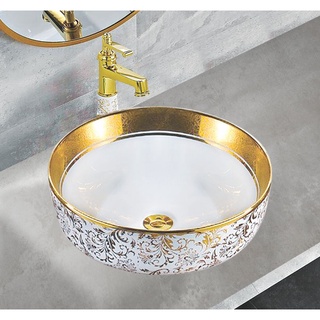 Chậu sứ men trắng, lavabo sứ trắng, chậu lavabo đặt bàn mạ vàng chính hãng EVEREST EVE-L6018