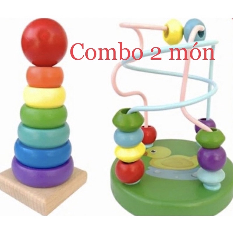 combo tháp gỗ cầu vồng và luồn hạt gỗ