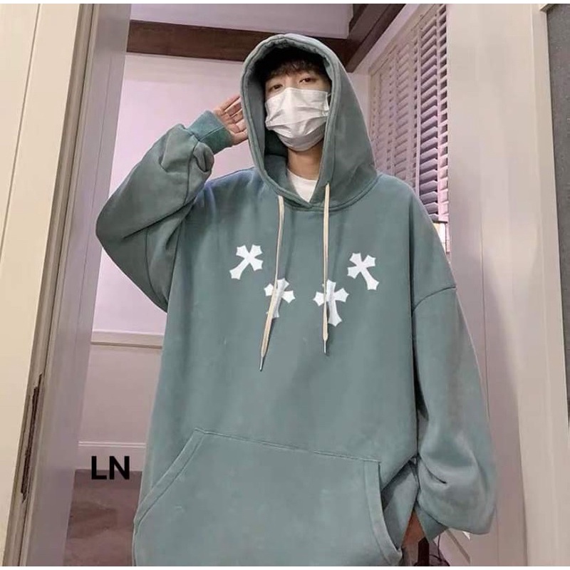Áo hoodie vòng cổ chữ thập mũ 2 lớp TH6