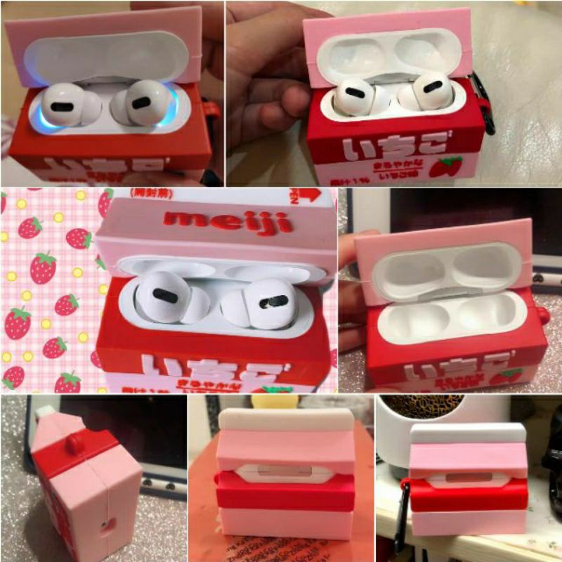 (Order 10 ngày) Case bảo vệ Airpods Pro/1/2/Huawei Freebuds 3 chai sữa và hộp sữa Meiji vị dâu màu hồng/ sô cô la