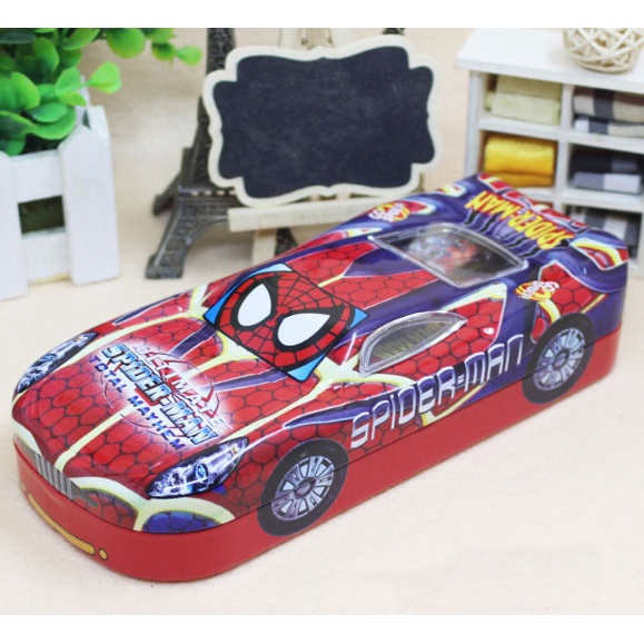 Hộp bút sắt hình ô tô 2 ngăn in hình Doreamon,siêu nhân,người nhện xe hơi,elsa,công chúa,chuột mickey