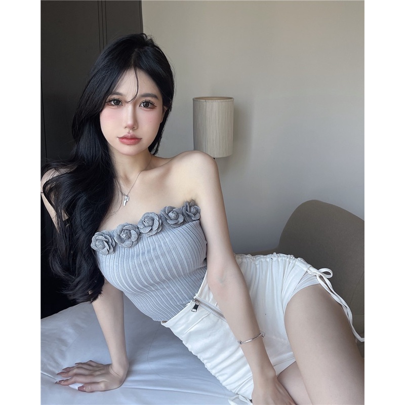 Áo croptop ZHELIHANGFEI dệt kim không dây ôm dáng họa tiết hoa nhỏ ba chiều dành cho nữ