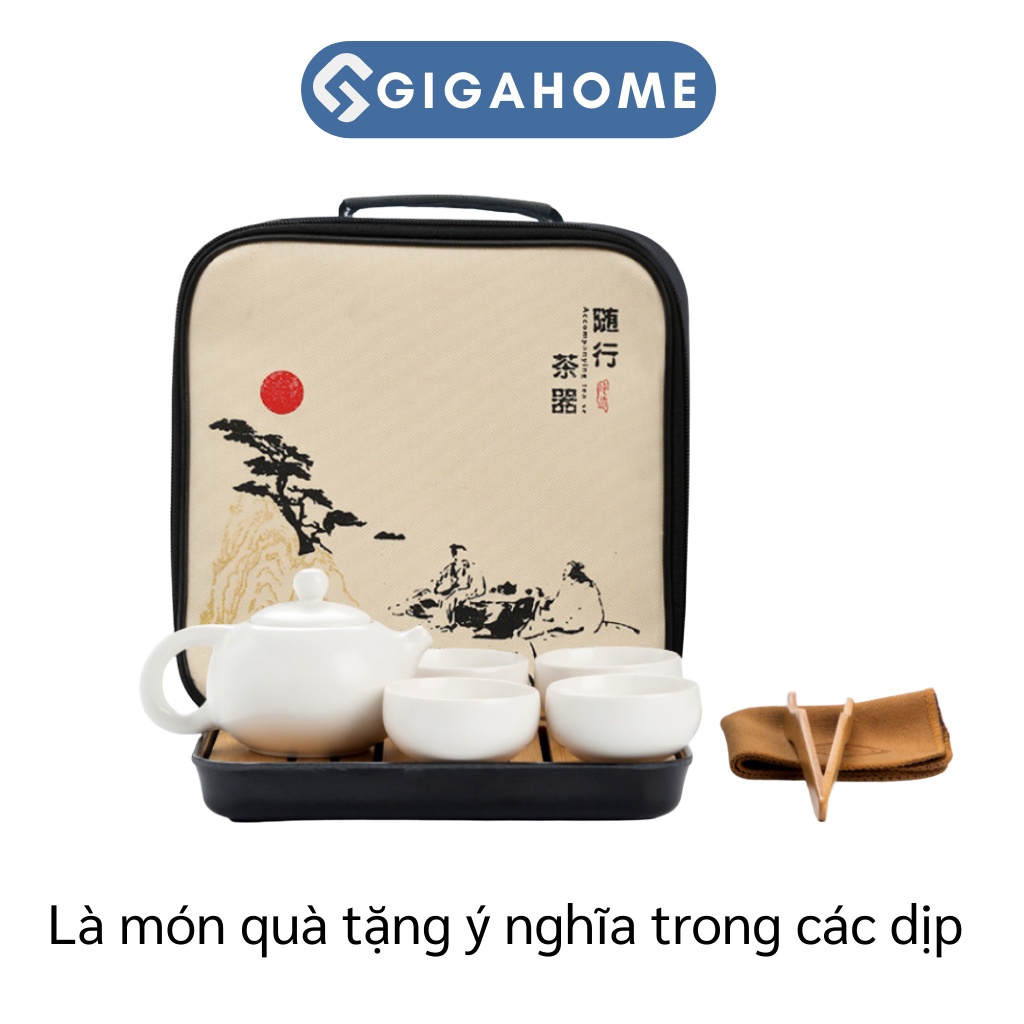 Bộ Ấm Pha Trà Gốm Sứ 4 Chén Du Lịch Tráng Men GIGAHOME Cao Cấp Kèm Khay, Kẹp, Túi Đựng 9984