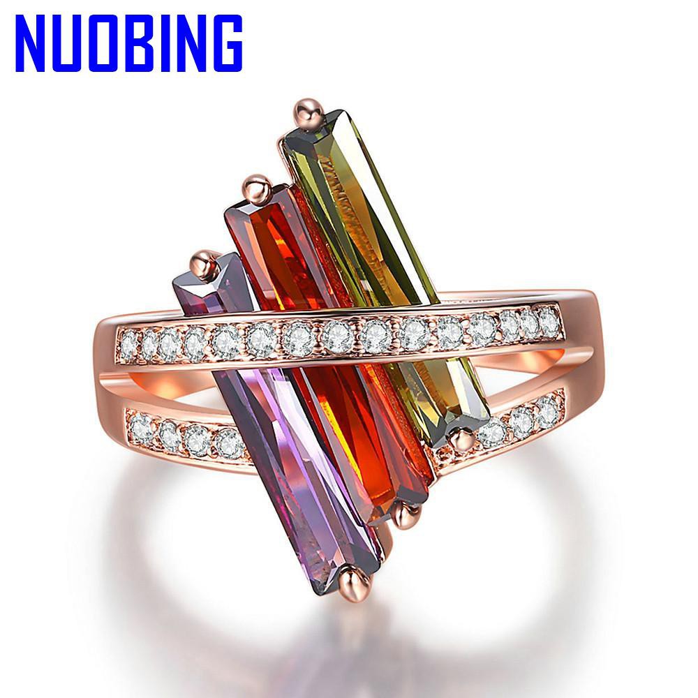 Fashion Unique Multicolor Crystal Zircon Diamonds Gemstones Rings For Women Rose Gold Tone Bague Jewelry Accessory Sizes5 10|Rings|