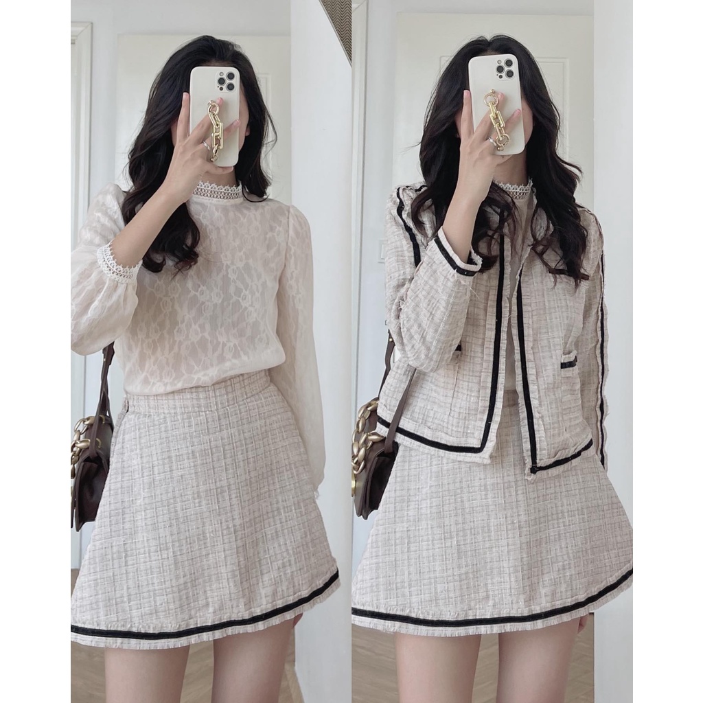 (ảnh thật) Audrey Set dạ tweed chạy viền áo khoác mix chân váy chữ A 7765 | BigBuy360 - bigbuy360.vn