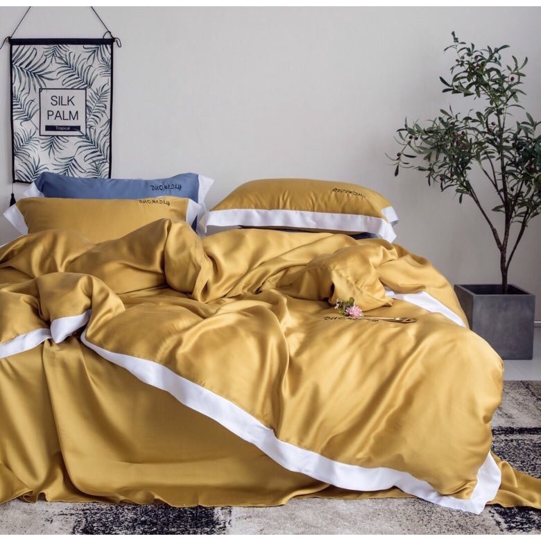 Bộ chăn ga gối Mẫu thiết kế mới 2022 lụa Tencel 100S, 4 Pantone màu, Phối viền tương phản - DUOMEILY