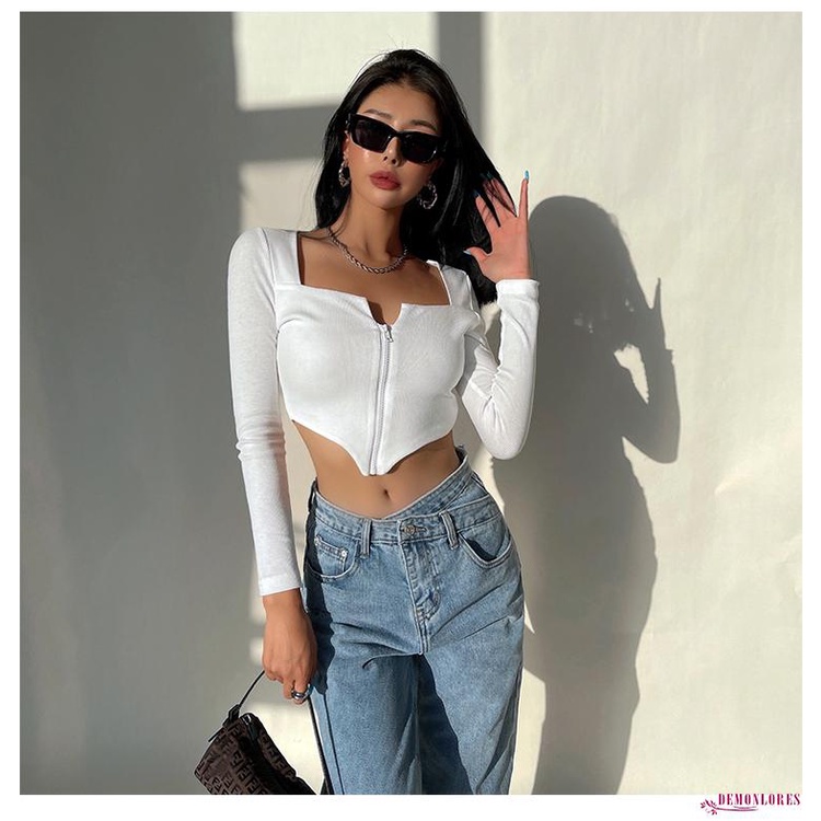 Áo Crop Top Tay Dài Màu Trơn Có Khóa Kéo Thời Trang Cho Nữ