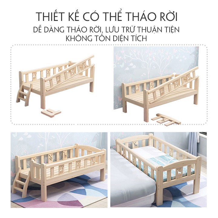 Giường cho bé chất liệu gỗ thông kiểu quây 4 mặt size 128*60*40cm có thể ghép giường người lớn