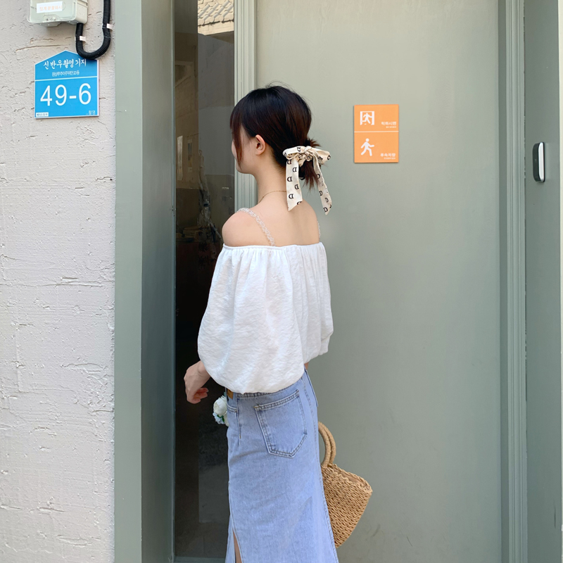 Off the shoulder top / summer white bubble sleeve T-shirt / sleeveless top