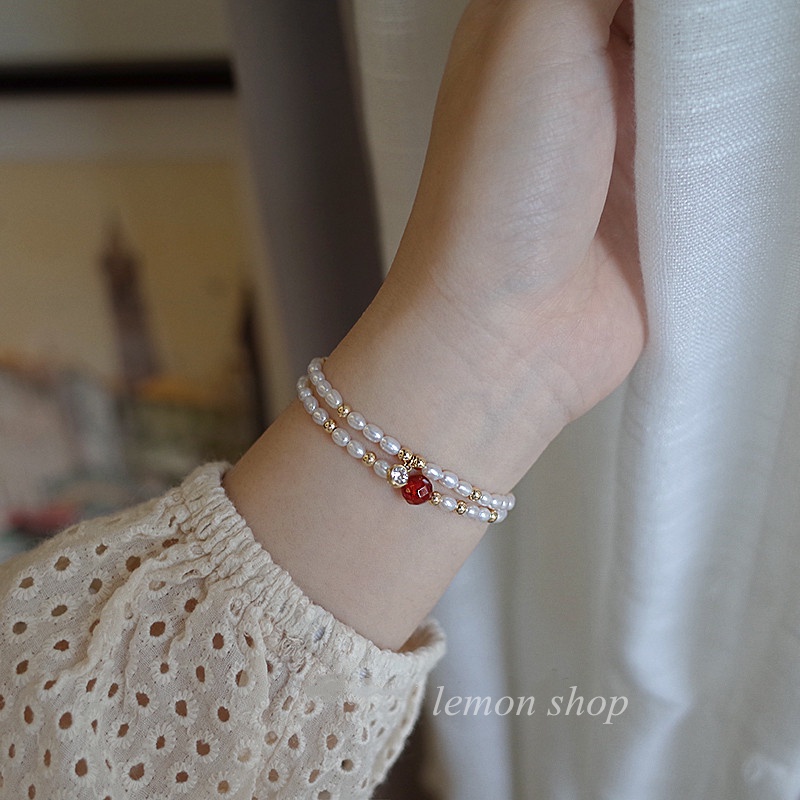 [Hàng Mới Về] Vòng Tay Mã Não Hạt Ngọc Trai Cao Cấp Cảm Giác Thiết Kế Cao Cấp Màu Đỏ Thời Trang Xuân Hè Cho Nữ