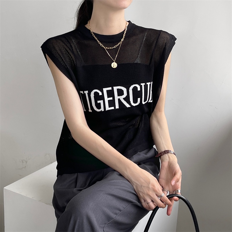 Áo Xiaozhainv dệt kim mỏng không tay dáng rộng in chữ 3 màu lựa chọn thời trang mùa hè cho nữ