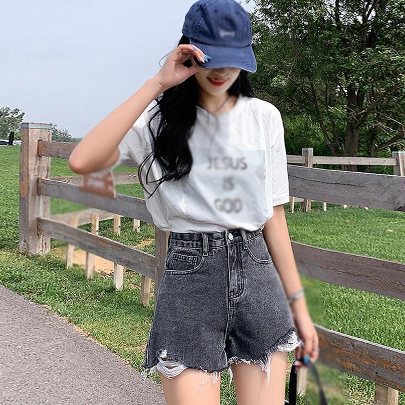 Quần Short Denim Lưng Cao Ống Rộng Thiết Kế Xẻ Rách Cá Tính