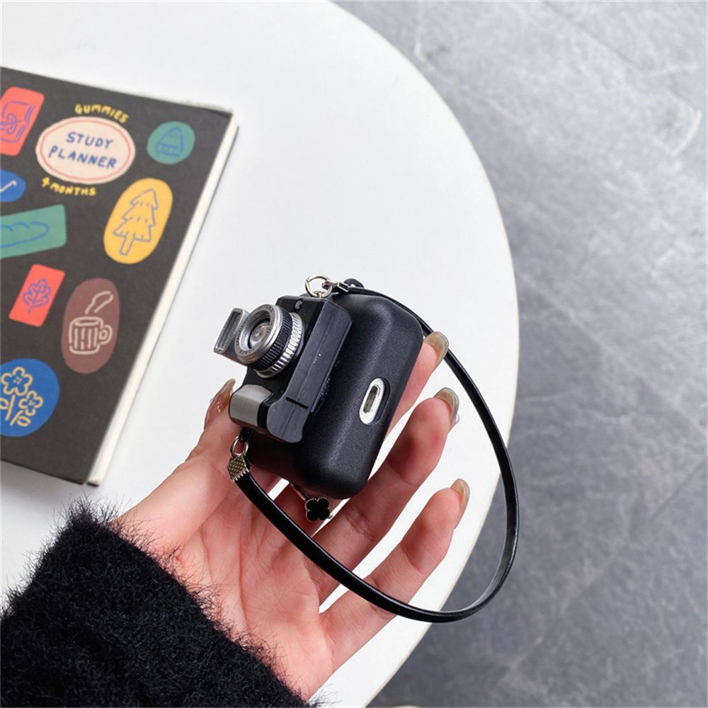 Vỏ bảo vệ hộp sạc Airpods 1 2 3 Pro hình dáng chiếc máy ảnh 3D chất liệu bằng silicon mềm gắn dây đeo cổ điển