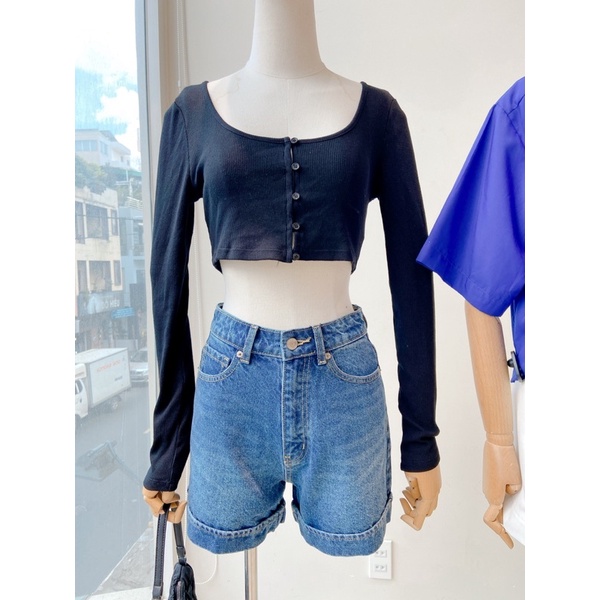 Áo croptop nữ chất thun co giãn tốt tay dài thiết kế gài nút MIEU - JJL07