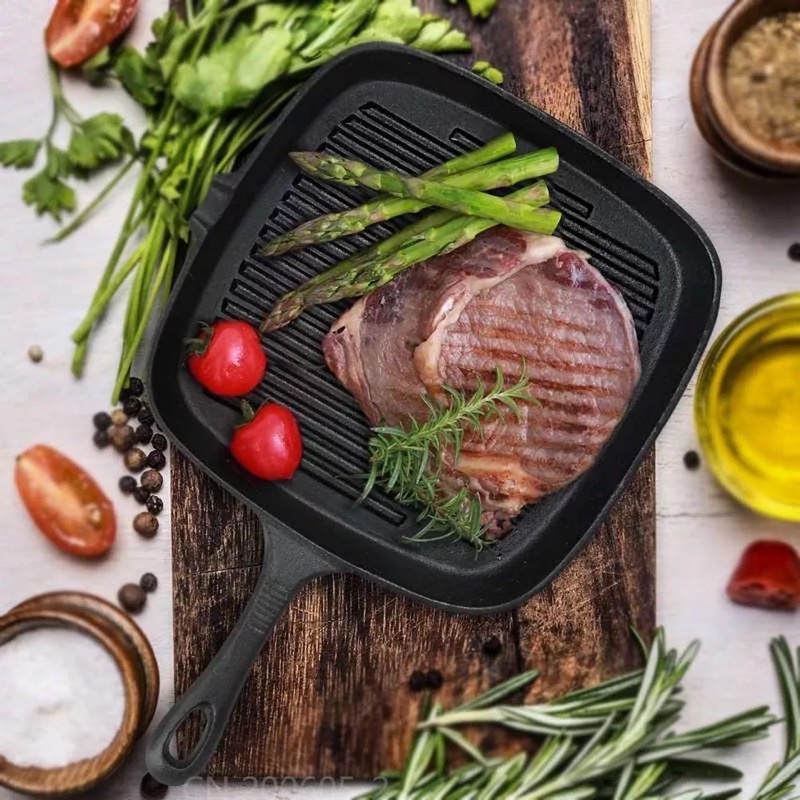 Chảo Nướng Chống Dính Bằng Gang Đúc BBQ Bò Bít Tết Steak Size 24/26cm Dùng Được Bếp Từ