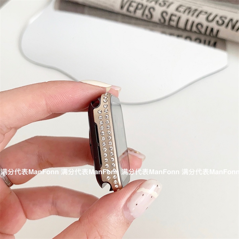 Ốp Điện Thoại Kính Cường Lực Cứng Viền Kim Loại Không Gỉ Đính Đá Cho Apple watch series 7 8 6 SE 5 4 40mm 44mm 41mm 45mm