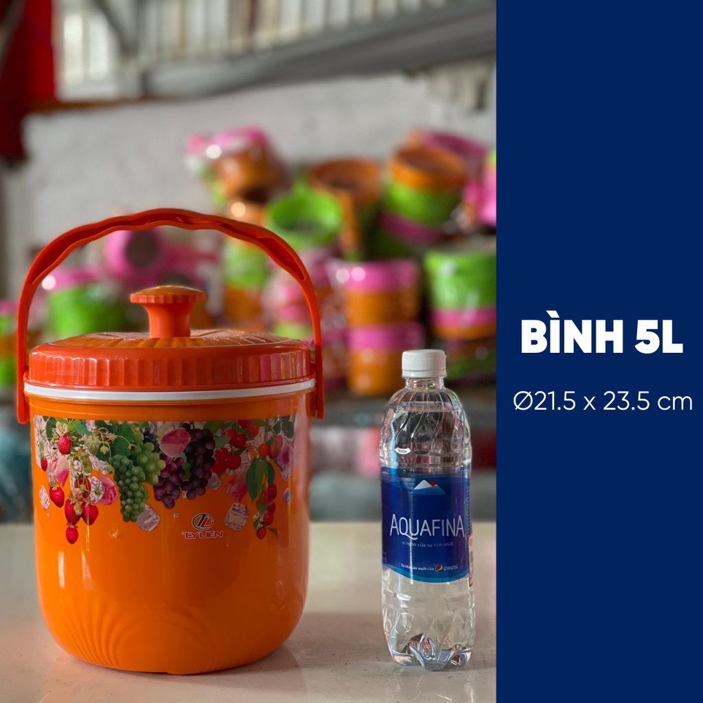 Bình đựng nước đá tròn Tý Liên có quai xách size nhỏ 1L, 3L, 5L giữ lạnh 24h nhựa chính phẩm an toàn thương hiệu Tý Liên