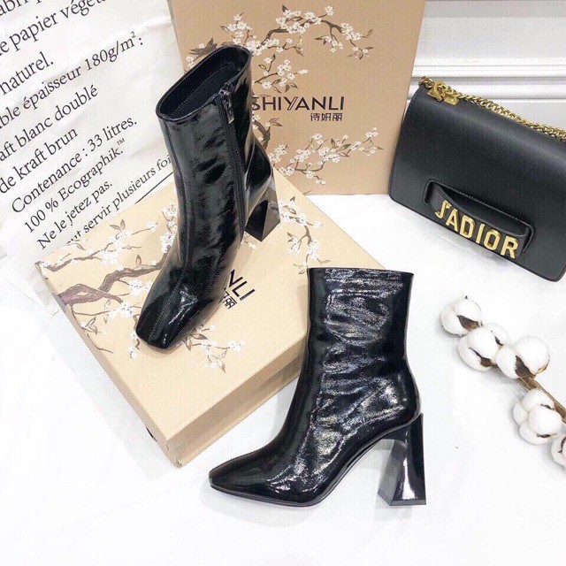 Bốt boot da bóng gót vát cách điệu fullbox
