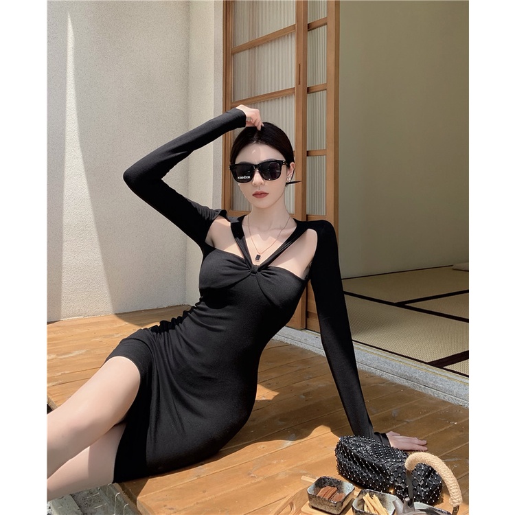 Đầm Đen Dài Tay Ôm Dáng Gợi Cảm Phong Cách Hàn Quốc Dành Cho Nữ