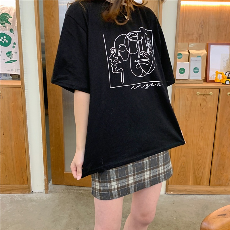 SUXI Áo thun ngắn tay cổ tròn in họa tiết cổ điển thời trang hàn quốc