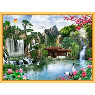Tranh dán tường 3D phong cảnh thác nước - vải lụa kim sa