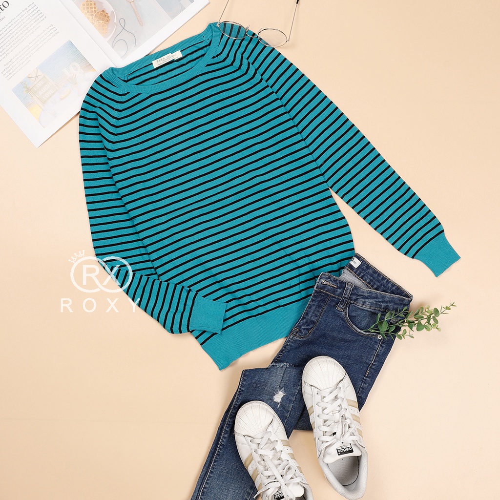 Áo Len Sọc Nhí Cổ Tròn Tay Dài Bo Chun Ngân Roxy