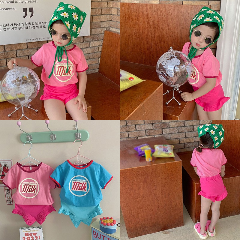Bộ Áo Thun Ngắn Tay Cổ Tròn In Chữ + Quần Short Viền Ren Dễ Thương Phong Cách Phương Tây Cho Bé Gái