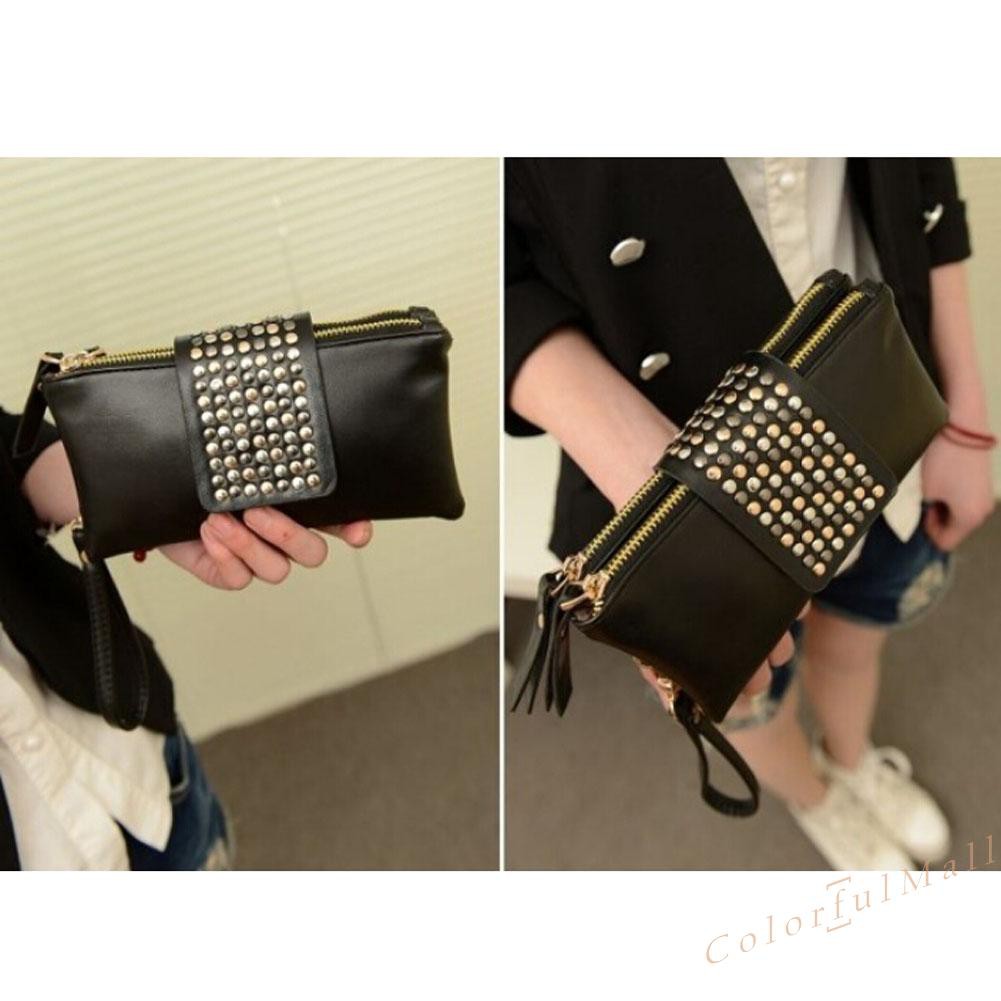 Women PU Leather Black Rivet Handbag Clutch Bag Zipper Long Wallet